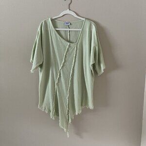 Oh My Gauze Top Womens 2 LXL Green Lagenlook Asymmetrical Art To Wear Distressed